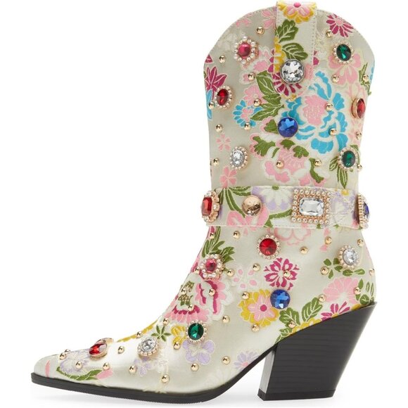 Baby Pink Multi Western Cowboy Boots Women Embroidered Rhinestone Mid Calf Heel - Picture 2 of 7